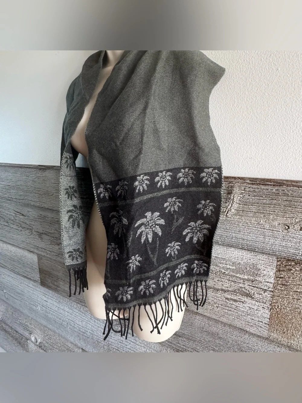 Vintage Austrian Wool Floral Scarf Loden-Plankl Wien Gray and black Fringe